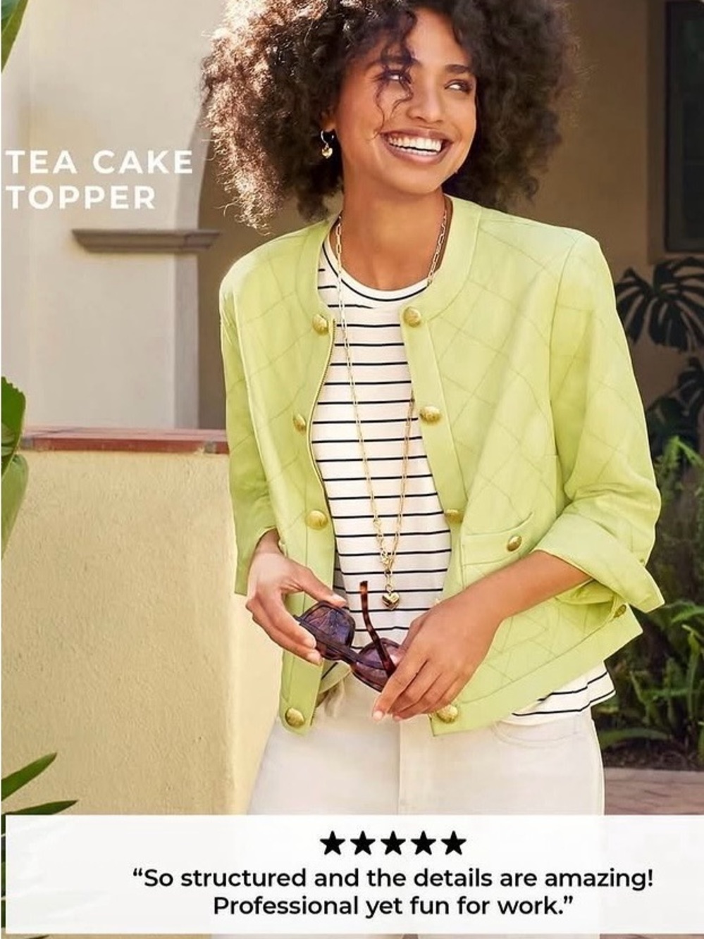 CAbi Tea Cake Topper Quilted Lime Green Cropped Jacket